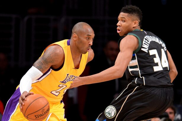 Dec 15, 2015; Los Angeles, CA, USA; Milwaukee Bucks forward Giannis Antetokounmpo (34) defends Los Angeles Lakers forward Kobe Bryant (24) as he drives to the basket in the first quarter of the game at Staples Center. Mandatory Credit: Jayne Kamin-Oncea-USA TODAY Sports