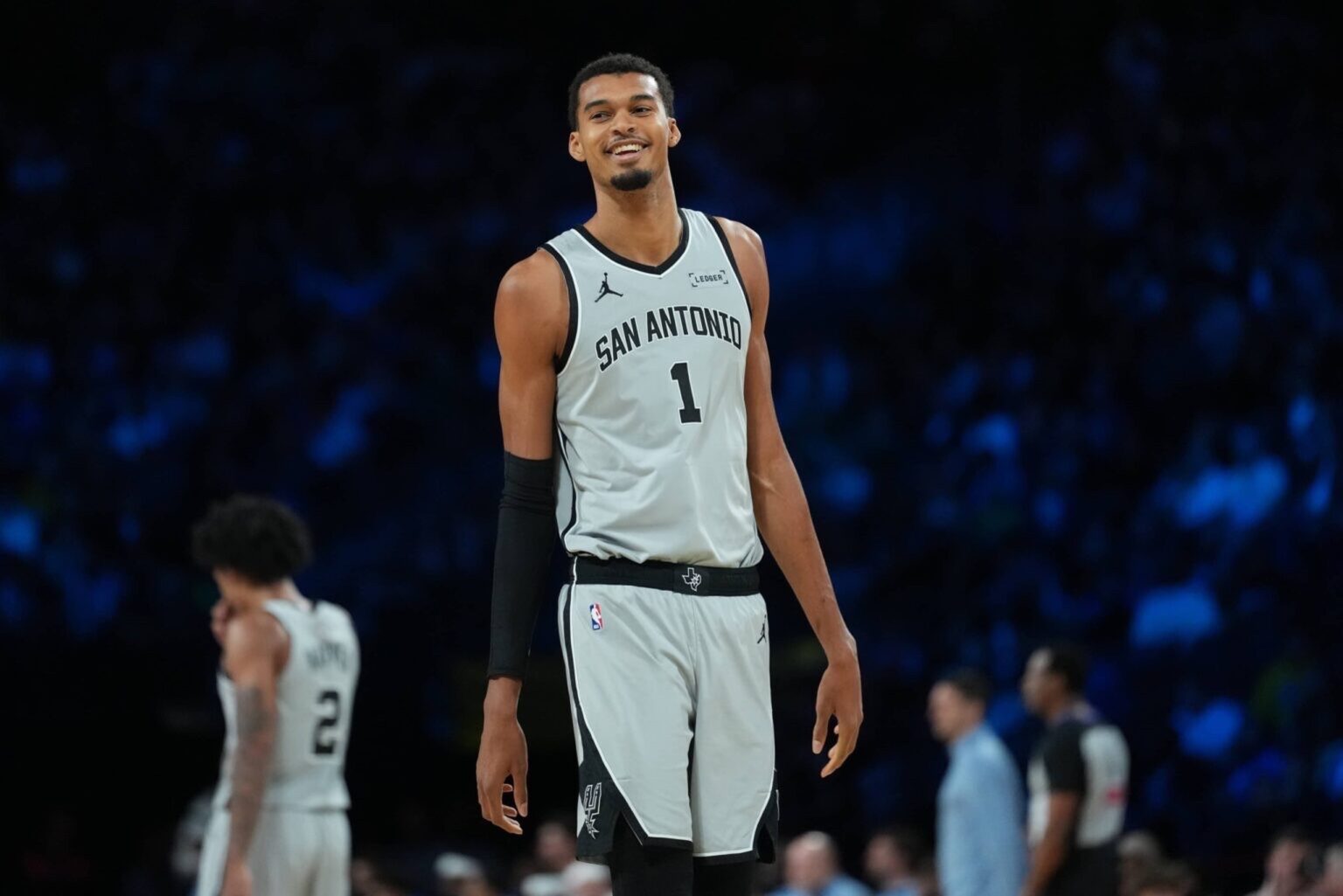 Dec 13, 2025; Las Vegas, Nevada, USA; San Antonio Spurs forward Victor Wembanyama (1) stands on the court against the Oklahoma City Thunder during the second quarter at T-Mobile Arena. Mandatory Credit: Kirby Lee-Imagn Images