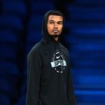 Dec 15, 2025; Las Vegas, NV, USA; San Antonio Spurs forward Victor Wembanyama (1) during practice prior to the Emirates NBA Cup championship at the T-Mobile Arena. Mandatory Credit: Kirby Lee-Imagn Images