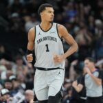 Dec 18, 2025; San Antonio, Texas, USA; San Antonio Spurs forward Victor Wembanyama (1) during the second half against the Washington Wizards at Frost Bank Center. Mandatory Credit: Scott Wachter-Imagn Images