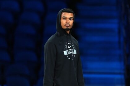 Dec 15, 2025; Las Vegas, NV, USA; San Antonio Spurs forward Victor Wembanyama (1) during practice prior to the Emirates NBA Cup championship at the T-Mobile Arena. Mandatory Credit: Kirby Lee-Imagn Images