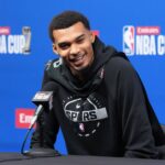 San Antonio Spurs forward Victor Wembanyama (1) at press conference prior to the Emirates NBA Cup championship at the T-Mobile Arena.