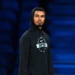 San Antonio Spurs forward Victor Wembanyama (1) during practice prior to the Emirates NBA Cup championship at the T-Mobile Arena.