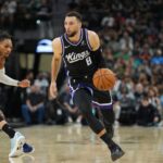 Nov 16, 2025; San Antonio, Texas, USA; Sacramento Kings guard Zach LaVine (8) dribbles in the second half against the San Antonio Spurs at Frost Bank Center. Mandatory Credit: Daniel Dunn-Imagn Images