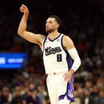 Oct 22, 2025; Phoenix, Arizona, USA; Sacramento Kings guard Zach LaVine (8) against the Phoenix Suns at the Mortgage Matchup Center. Mandatory Credit: Mark J. Rebilas-Imagn Images