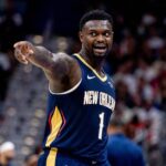 Oct 24, 2025; New Orleans, Louisiana, USA; New Orleans Pelicans forward Zion Williamson (1) reacts to a play against the San Antonio Spurs during the second half at Smoothie King Center. Mandatory Credit: Stephen Lew-Imagn Images