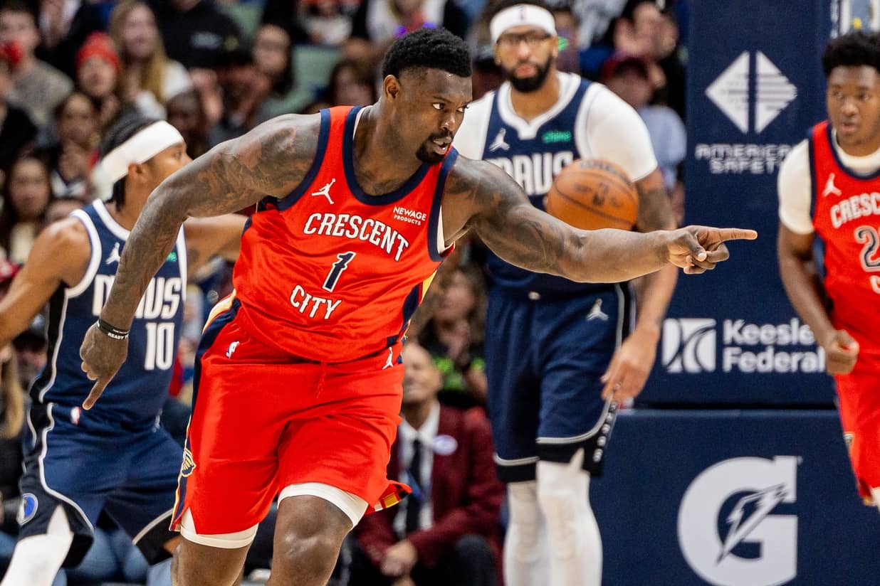 Dec 22, 2025; New Orleans, Louisiana, USA; New Orleans Pelicans forward Zion Williamson (1) reacts to a play against the Dallas Mavericks during the first half at Smoothie King Center. Mandatory Credit: Stephen Lew-Imagn Images