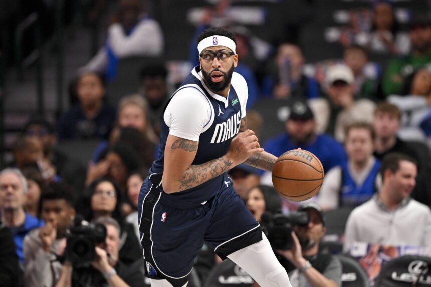 Dallas, Texas, USA; Dallas Mavericks forward Anthony Davis (3) brings the ball up court during the game between the Mavericks and the Nets at the American Airlines Center. Mandatory Credit: Jerome Miron-Imagn Images