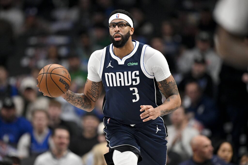 Dallas, Texas, USA; Dallas Mavericks forward Anthony Davis (3) brings the ball up court during the game between the Mavericks and the Nets at the American Airlines Center. Mandatory Credit: Jerome Miron-Imagn Images