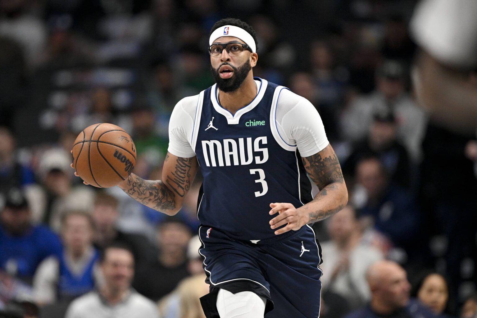 Dallas, Texas, USA; Dallas Mavericks forward Anthony Davis (3) brings the ball up court during the game between the Mavericks and the Nets at the American Airlines Center. Mandatory Credit: Jerome Miron-Imagn Images