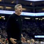 Sacramento, California, USA; Minnesota Timberwolves head coach Chris Finch reacts to a call against the Sacramento Kings during the first quarter at Golden 1 Center. Mandatory Credit: Dennis Lee-Imagn Images
