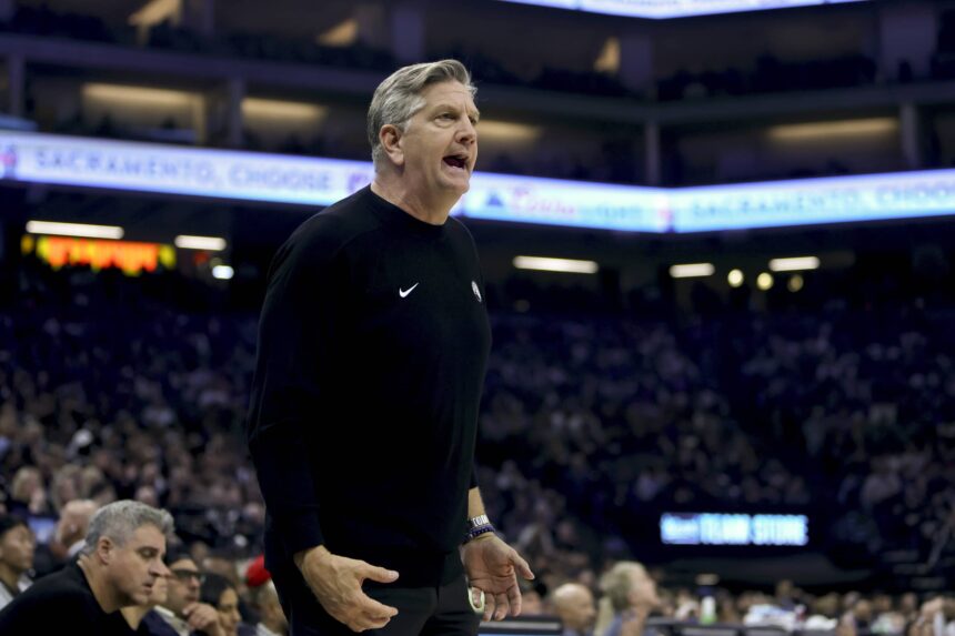 Sacramento, California, USA; Minnesota Timberwolves head coach Chris Finch reacts to a call against the Sacramento Kings during the first quarter at Golden 1 Center. Mandatory Credit: Dennis Lee-Imagn Images