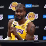 Los Angeles, CA, USA; Los Angeles Lakers center Deandre Ayton (5) during media day at UCLA Health Training Center. Mandatory Credit: Gary A. Vasquez-Imagn Images