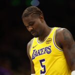 Phoenix, Arizona, USA; Los Angeles Lakers center Deandre Ayton (5) reacts against the Phoenix Suns at Mortgage Matchup Center. Mandatory Credit: Mark J. Rebilas-Imagn Images