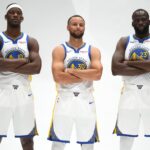 Sep 29, 2025; San Francisco, CA, USA; Golden State Warriors guard Stephen Curry (30), forward Draymond Green (23), and forward Jimmy Butler III (10) pose for a photo during Media Day at the Chase Center. Mandatory Credit: Cary Edmondson-Imagn Images