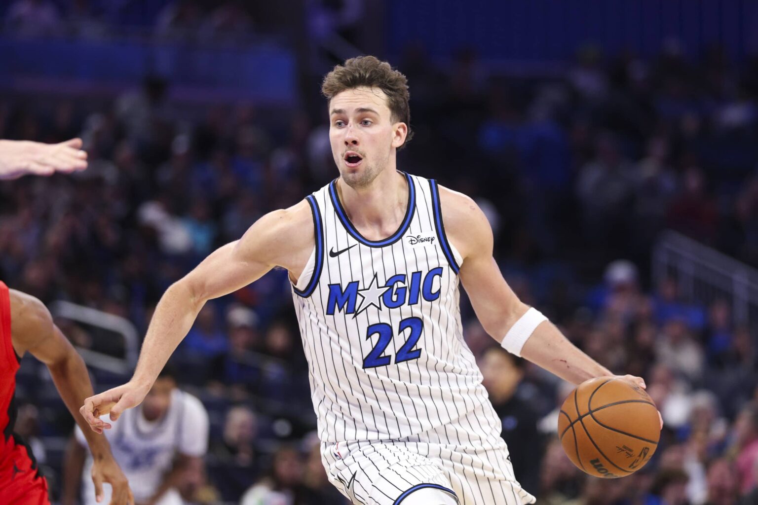 Orlando, Florida, USA; Orlando Magic forward Franz Wagner (22) controls the ball against the Portland Trail Blazers in the third quarter at Kia Center. Mandatory Credit: Nathan Ray Seebeck-Imagn Images