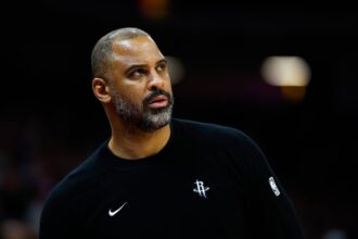 Sacramento, California, USA; Houston Rockets head coach Ime Udoka looks on during the second quarter against the Sacramento Kings at Golden 1 Center. Mandatory Credit: Sergio Estrada-Imagn Images