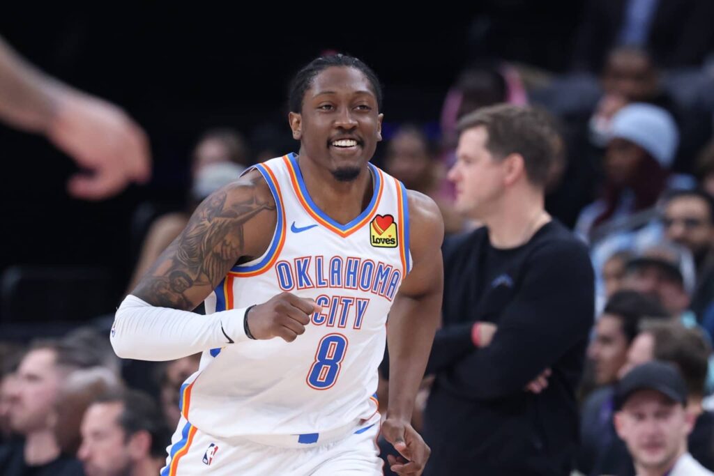 Salt Lake City, Utah, USA; Oklahoma City Thunder guard Jalen Williams (8) reacts after a dunk against the Utah Jazz during the second half at Delta Center. Mandatory Credit: Rob Gray-Imagn Images