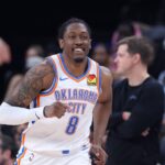 Salt Lake City, Utah, USA; Oklahoma City Thunder guard Jalen Williams (8) reacts after a dunk against the Utah Jazz during the second half at Delta Center. Mandatory Credit: Rob Gray-Imagn Images