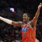 Portland, Oregon, USA; Oklahoma City Thunder guard Jalen Williams (8) calls for a delay of game during the second half in a game against the Portland Trail Blazers at Moda Center. Mandatory Credit: Troy Wayrynen-Imagn Images