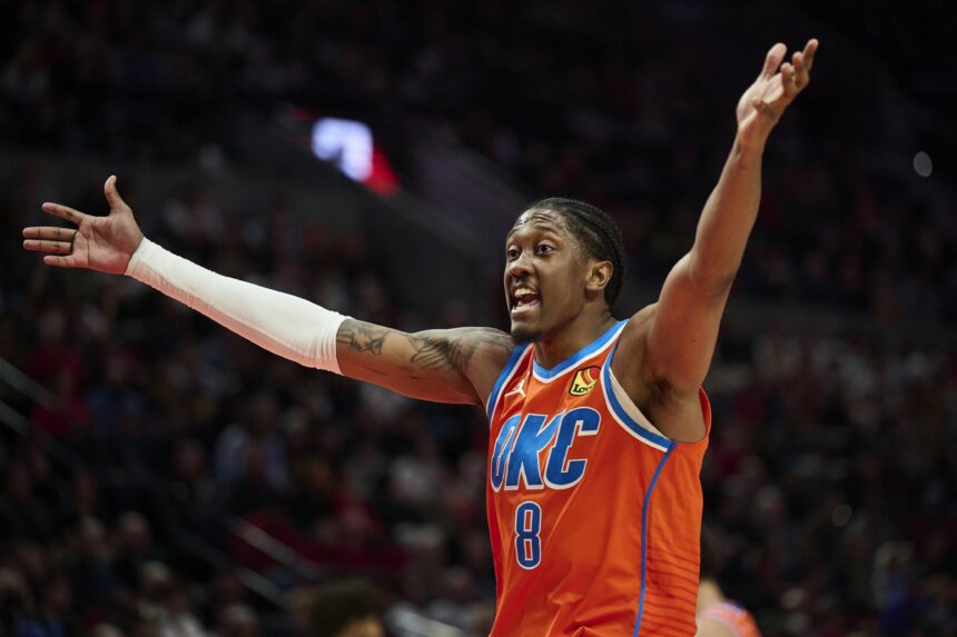 Portland, Oregon, USA; Oklahoma City Thunder guard Jalen Williams (8) calls for a delay of game during the second half in a game against the Portland Trail Blazers at Moda Center. Mandatory Credit: Troy Wayrynen-Imagn Images