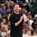 Inglewood, California, USA; Los Angeles Lakers Head Coach JJ Redick reacts in the first half against the LA Clippers at Intuit Dome. Mandatory Credit: Kirby Lee-Imagn Images