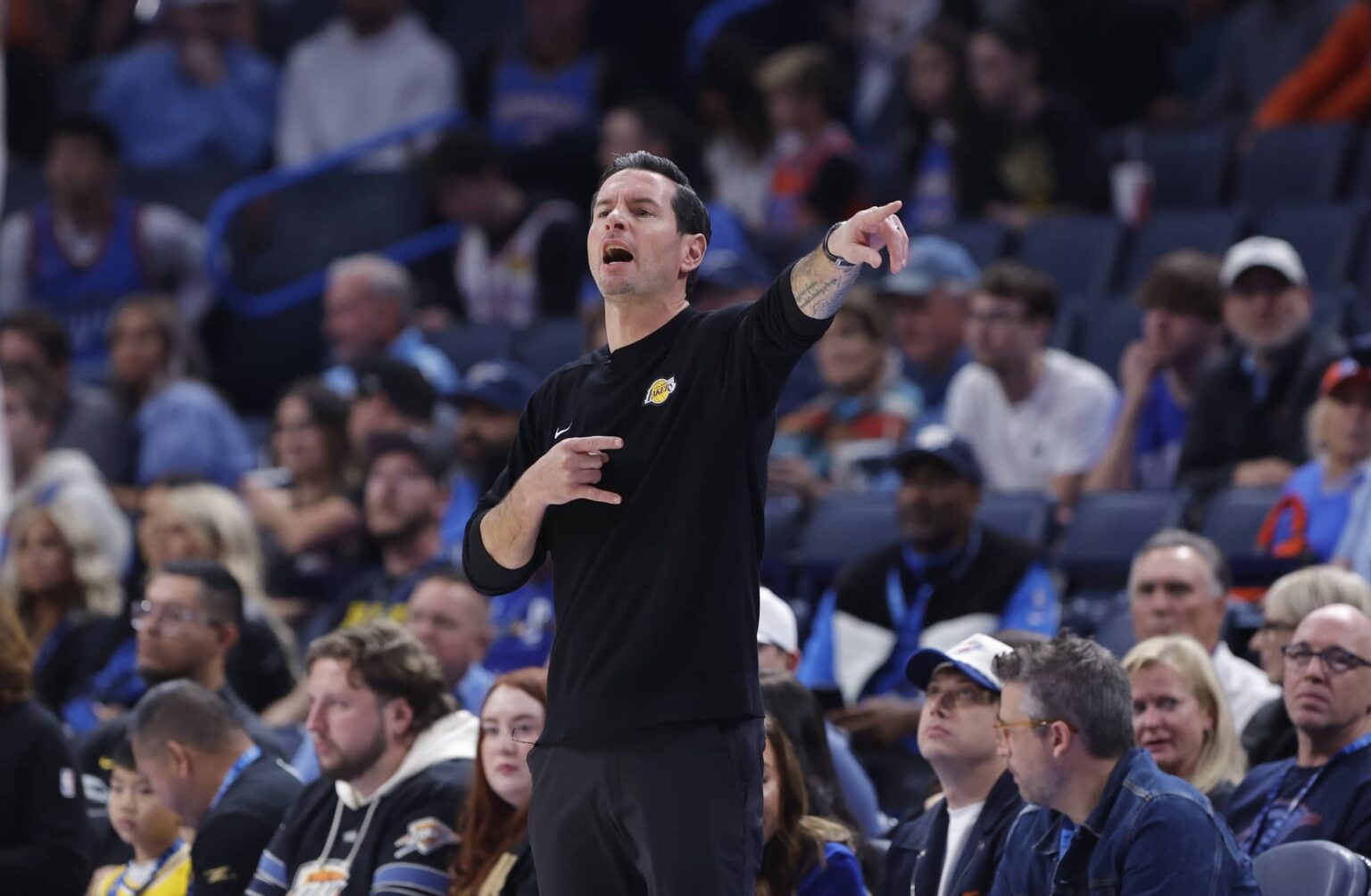 Oklahoma City, Oklahoma, USA; Los Angeles Lakers head coach JJ Redick gestures to his team during a play against the Oklahoma City Thunder during the fourth quarter at Paycom Center. Mandatory Credit: Alonzo Adams-Imagn Images