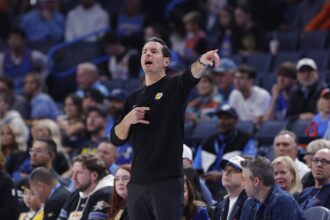 Oklahoma City, Oklahoma, USA; Los Angeles Lakers head coach JJ Redick gestures to his team during a play against the Oklahoma City Thunder during the fourth quarter at Paycom Center. Mandatory Credit: Alonzo Adams-Imagn Images