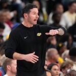 Inglewood, California, USA; Los Angeles Lakers Head Coach JJ Redick reacts in the second half against the LA Clippers at Intuit Dome. Mandatory Credit: Kirby Lee-Imagn Images
