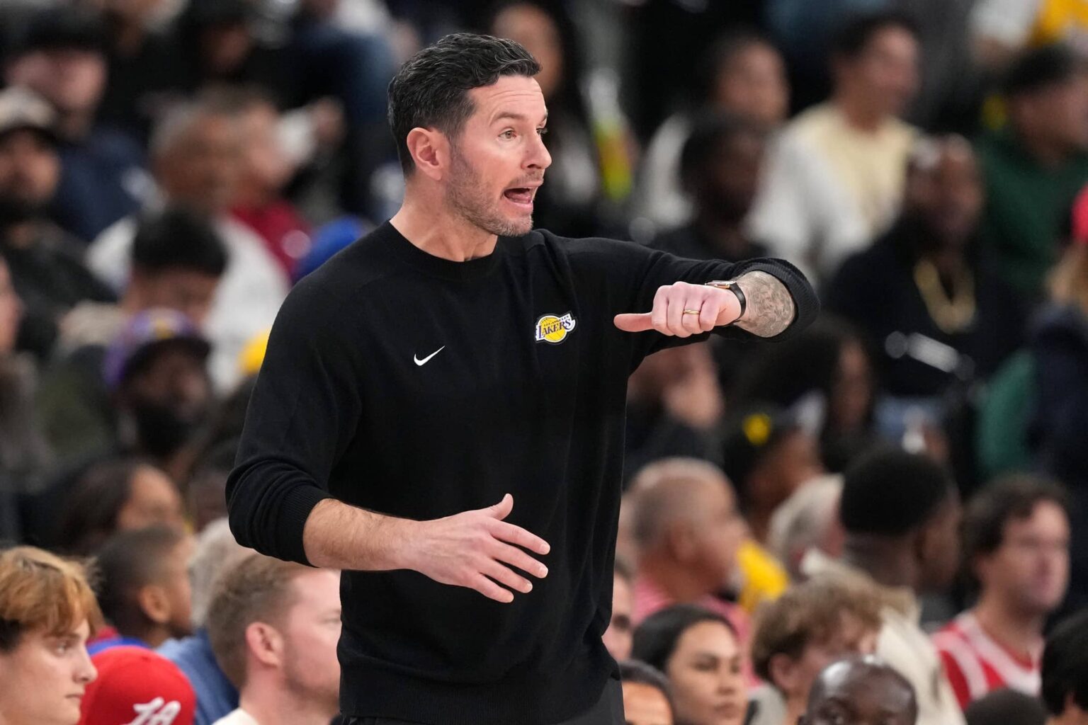 Inglewood, California, USA; Los Angeles Lakers Head Coach JJ Redick reacts in the second half against the LA Clippers at Intuit Dome. Mandatory Credit: Kirby Lee-Imagn Images