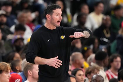 Inglewood, California, USA; Los Angeles Lakers Head Coach JJ Redick reacts in the second half against the LA Clippers at Intuit Dome. Mandatory Credit: Kirby Lee-Imagn Images