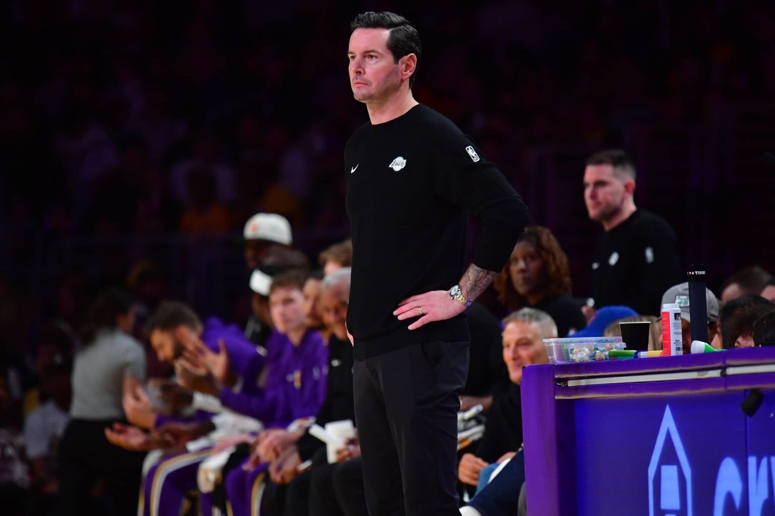 Los Angeles, California, USA; Los Angeles Lakers head coach JJ Redick watches game action against the New Orleans Pelicans during the first half at Crypto.com Arena. Mandatory Credit: Gary A. Vasquez-Imagn Images