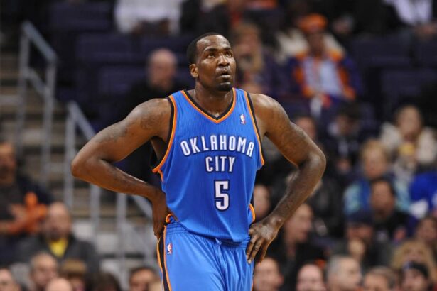 Phoenix, AZ, USA; Oklahoma City Thunder center Kendrick Perkins (5) stands on the court during the game against the Phoenix Suns at the US Airways Center. Mandatory Credit: Jennifer Stewart-Imagn Images