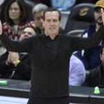 Cleveland, Ohio, USA; Cleveland Cavaliers head coach Kenny Atkinson reacts in the fourth quarter against the Charlotte Hornets at Rocket Arena. Mandatory Credit: David Richard-Imagn Images