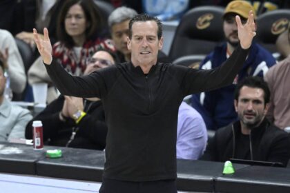 Cleveland, Ohio, USA; Cleveland Cavaliers head coach Kenny Atkinson reacts in the fourth quarter against the Charlotte Hornets at Rocket Arena. Mandatory Credit: David Richard-Imagn Images