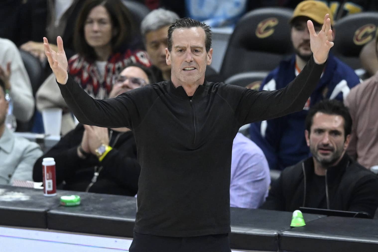 Cleveland, Ohio, USA; Cleveland Cavaliers head coach Kenny Atkinson reacts in the fourth quarter against the Charlotte Hornets at Rocket Arena. Mandatory Credit: David Richard-Imagn Images