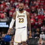 Inglewood, California, USA; Los Angeles Lakers forward Lebron James (23) reacts against the LA Clippers in the second half at Intuit Dome. Mandatory Credit: Kirby Lee-Imagn Images