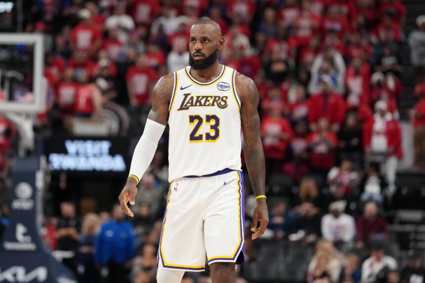 Inglewood, California, USA; Los Angeles Lakers forward Lebron James (23) reacts against the LA Clippers in the second half at Intuit Dome. Mandatory Credit: Kirby Lee-Imagn Images