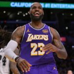 Los Angeles, California, USA; Los Angeles Lakers forward Lebron James (23) reacts after a missed basket during the second half against the San Antonio Spurs at Crypto.com Arena. Mandatory Credit: Jayne Kamin-Oncea-Imagn Images