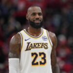 Inglewood, California, USA; Los Angeles Lakers forward Lebron James (23) reacts against the LA Clippers in the second half at Intuit Dome. Mandatory Credit: Kirby Lee-Imagn Images