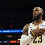 Phoenix, Arizona, USA; Los Angeles Lakers forward LeBron James (23) looks on during the second half of a game against the Phoenix Suns at Mortgage Matchup Center. Mandatory Credit: Allan Henry-Imagn Images