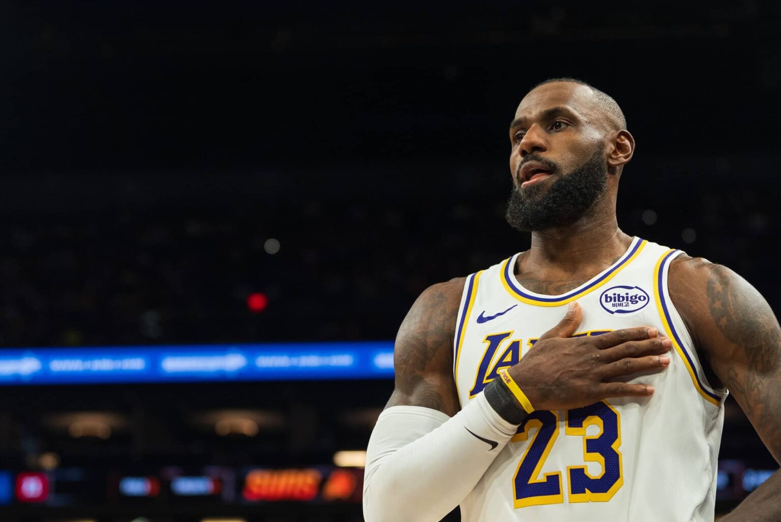 Phoenix, Arizona, USA; Los Angeles Lakers forward LeBron James (23) looks on during the second half of a game against the Phoenix Suns at Mortgage Matchup Center. Mandatory Credit: Allan Henry-Imagn Images