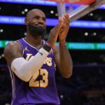 Los Angeles, California, USA; Los Angeles Lakers forward Lebron James (23) reacts after a missed basket during the second half against the San Antonio Spurs at Crypto.com Arena. Mandatory Credit: Jayne Kamin-Oncea-Imagn Images