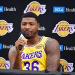 Los Angeles, CA, USA; Los Angeles Lakers guard Marcus Smart (36) during media day at UCLA Health Training Center. Mandatory Credit: Gary A. Vasquez-Imagn Images