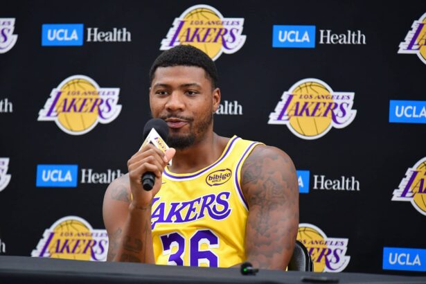 Los Angeles, CA, USA; Los Angeles Lakers guard Marcus Smart (36) during media day at UCLA Health Training Center. Mandatory Credit: Gary A. Vasquez-Imagn Images