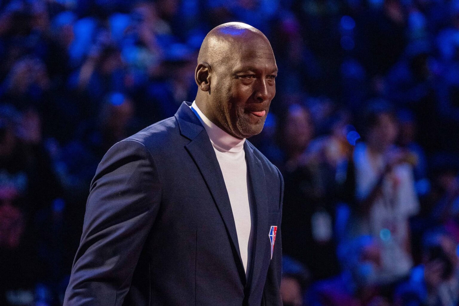 Cleveland, Ohio, USA; NBA great Michael Jordan is honored for being selected to the NBA 75th Anniversary Team during halftime in the 2022 NBA All-Star Game at Rocket Mortgage FieldHouse. Mandatory Credit: Kyle Terada-Imagn Images