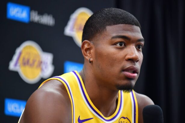 Los Angeles, CA, USA; Los Angeles Lakers forward Rui Hachimura (28) during media day at UCLA Health Training Center. Mandatory Credit: Gary A. Vasquez-Imagn Images