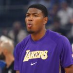San Francisco, California, USA; Los Angeles Lakers forward Rui Hachimura (28) warms up before the game against the Golden State Warriors at Chase Center. Mandatory Credit: David Gonzales-Imagn Images