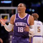 Los Angeles, California, USA; Sacramento Kings guard Russell Westbrook (18) reacts after a basket in the first half against the Los Angeles Lakers at Crypto.com Arena. Mandatory Credit: Jayne Kamin-Oncea-Imagn Images