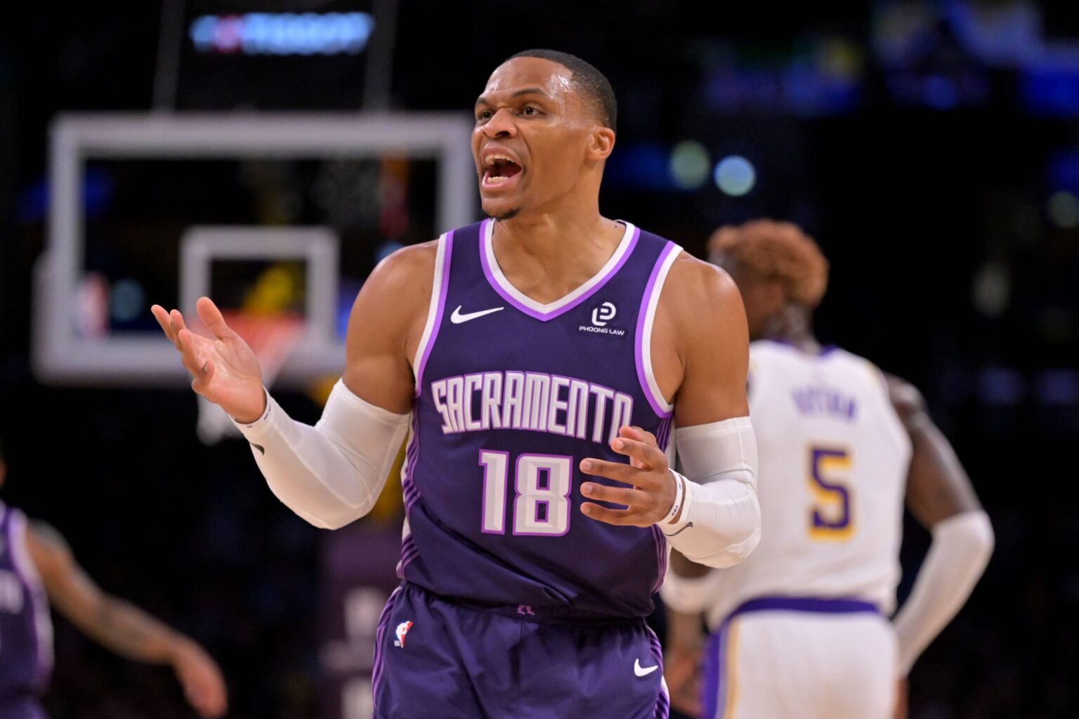 Los Angeles, California, USA; Sacramento Kings guard Russell Westbrook (18) reacts after a basket in the first half against the Los Angeles Lakers at Crypto.com Arena. Mandatory Credit: Jayne Kamin-Oncea-Imagn Images
